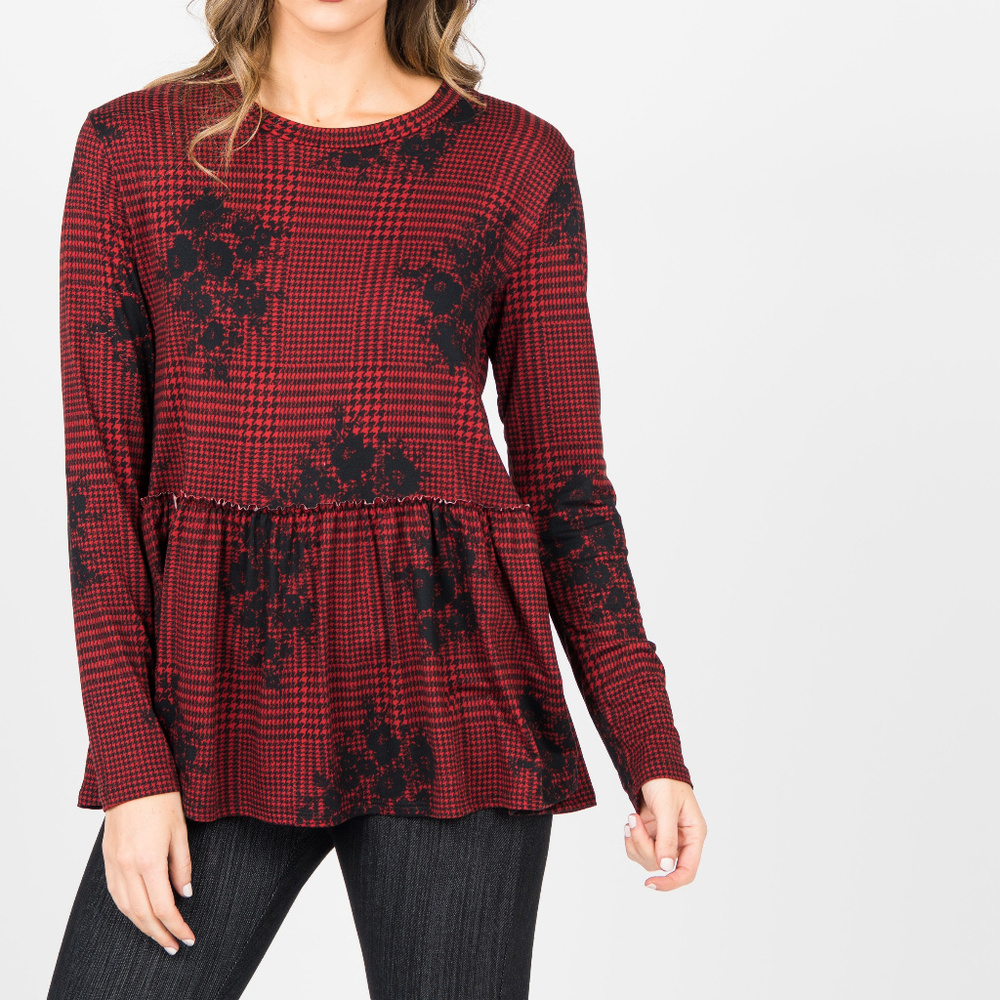 Relaxed Ruffle Tee Long Sleeve Red (Houndstooth Fl